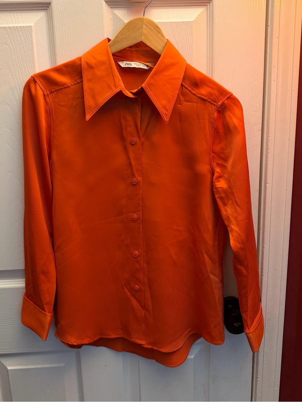 Zara Bright Orange Satin Button-Up Blouse